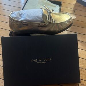 rag & bone Gold Leather Bow Driver Loafers Brand New